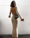 Diva - Fashion Slim Long-sleeved Ruffled Long Dress Sexy Hip-wrapped Back-less Knitted Maxi Dresses.