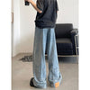 Retro Reverse Pocket Flip-down Jeans Men&#39;s Washed Wide-leg Pants