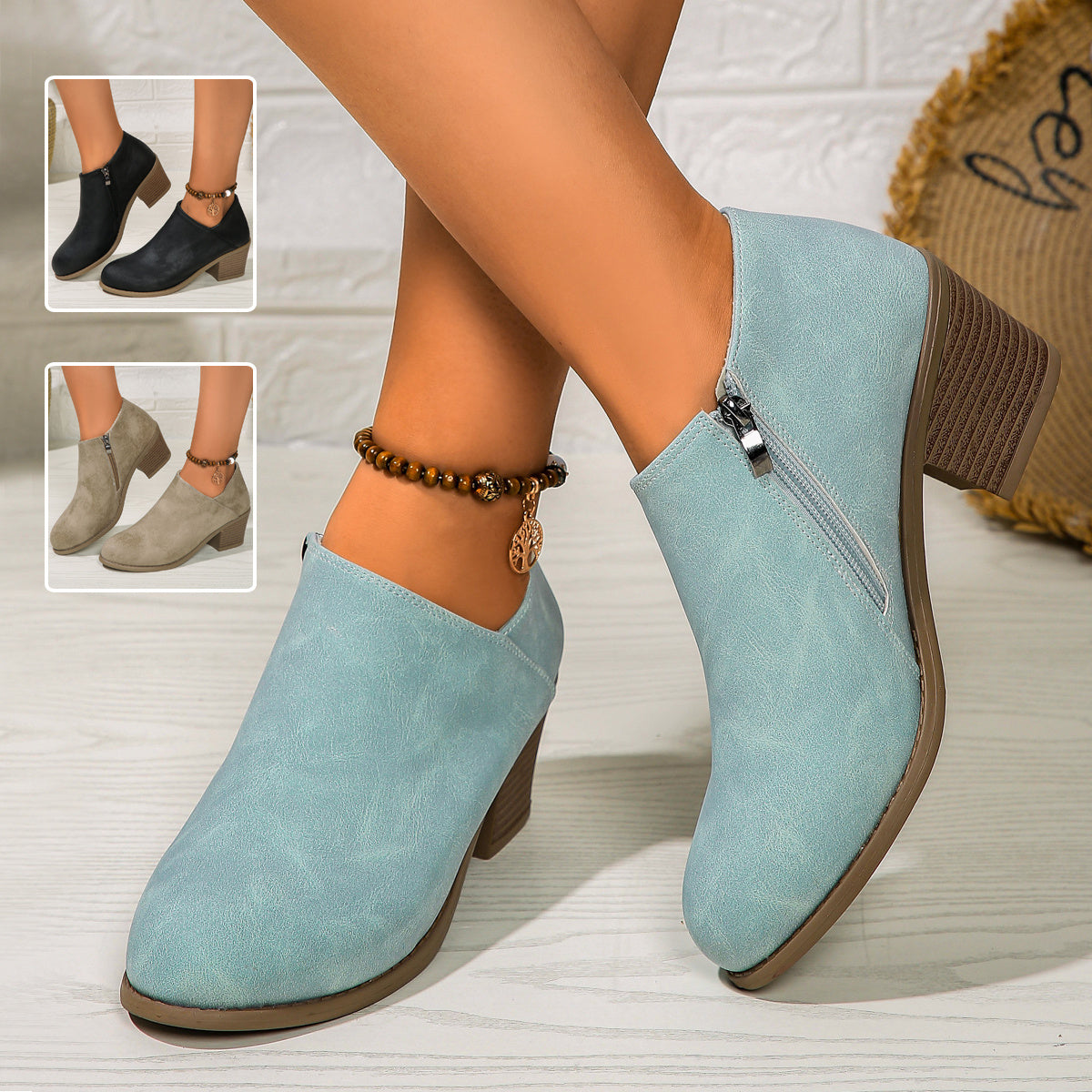 Anaïs - Chunky Heel Round Toe Ankle Boots With Side Zipper Design