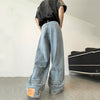 Retro Reverse Pocket Flip-down Jeans Men&#39;s Washed Wide-leg Pants