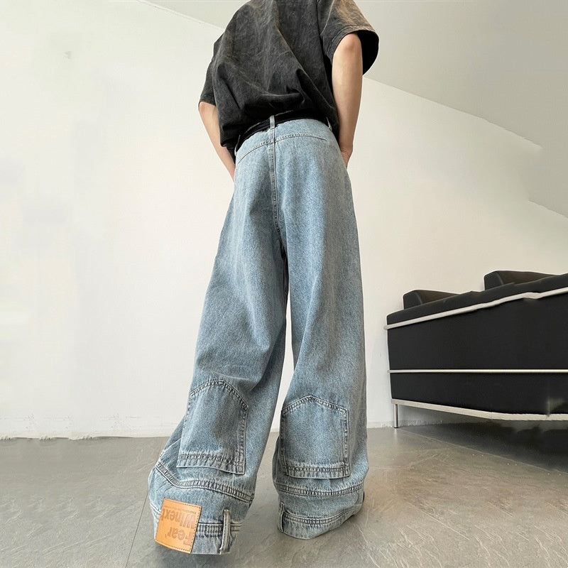 Retro Reverse Pocket Flip-down Jeans Men's Washed Wide-leg Pants