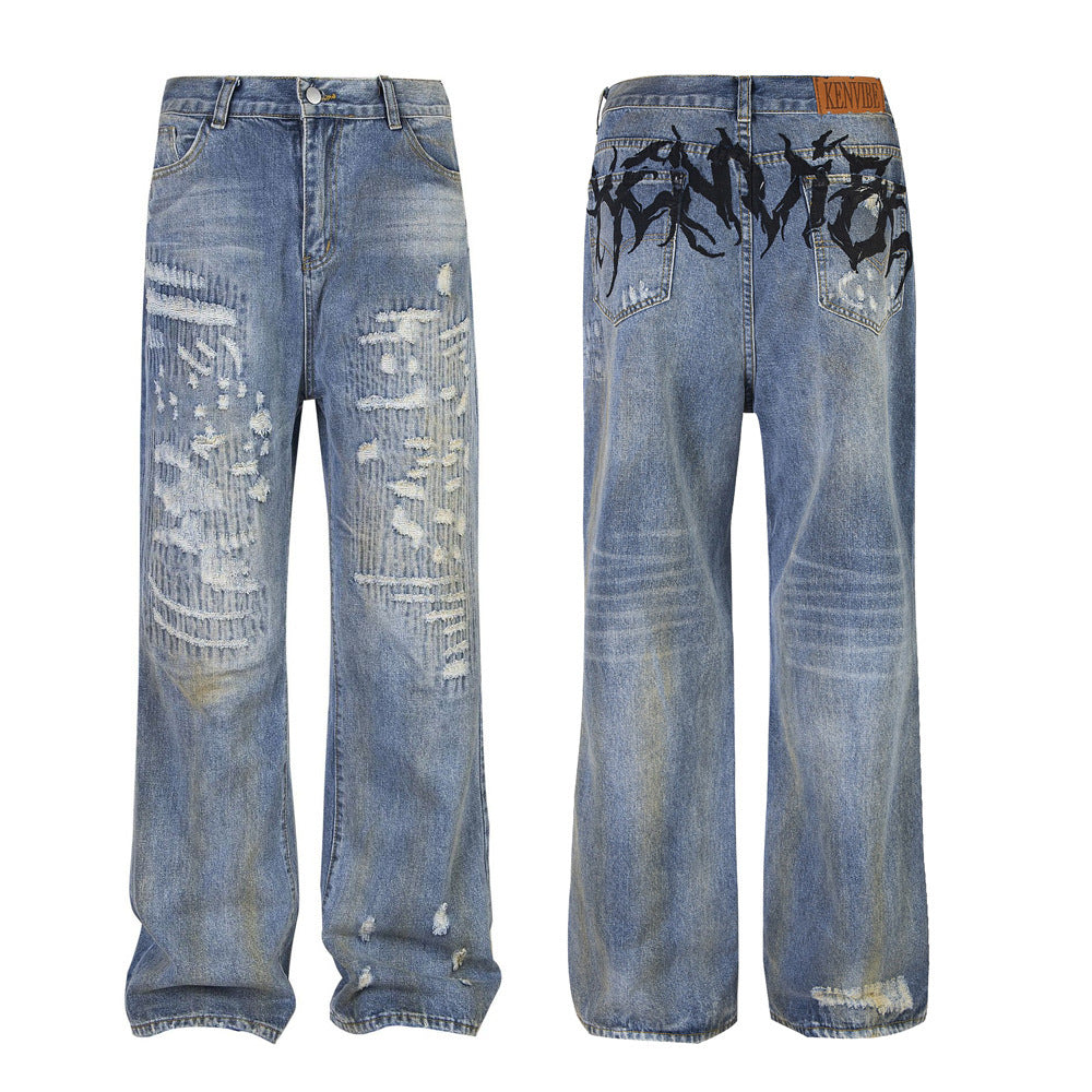 Punk Make Old Ripped Letter Denim Trousers Men