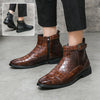 Men&#39;s Crocodile Pattern Boots Fashion Pointed Toe Low Square Heel Buckle Zipper Ankle Boots Business Formal Leather Shoes