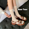 Retro Cross Strap Genuine Leather Open Toe Sandals Stylish Low Heel Roman Style Beach Shoes