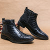 Men&#39;s Crocodile Pattern Boots Fashion Pointed Toe Low Square Heel Buckle Zipper Ankle Boots Business Formal Leather Shoes