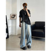 Retro Reverse Pocket Flip-down Jeans Men&#39;s Washed Wide-leg Pants