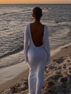 Diva - Fashion Slim Long-sleeved Ruffled Long Dress Sexy Hip-wrapped Back-less Knitted Maxi Dresses.