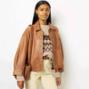 Elegant Brown profile PU Leather jacket For Women
