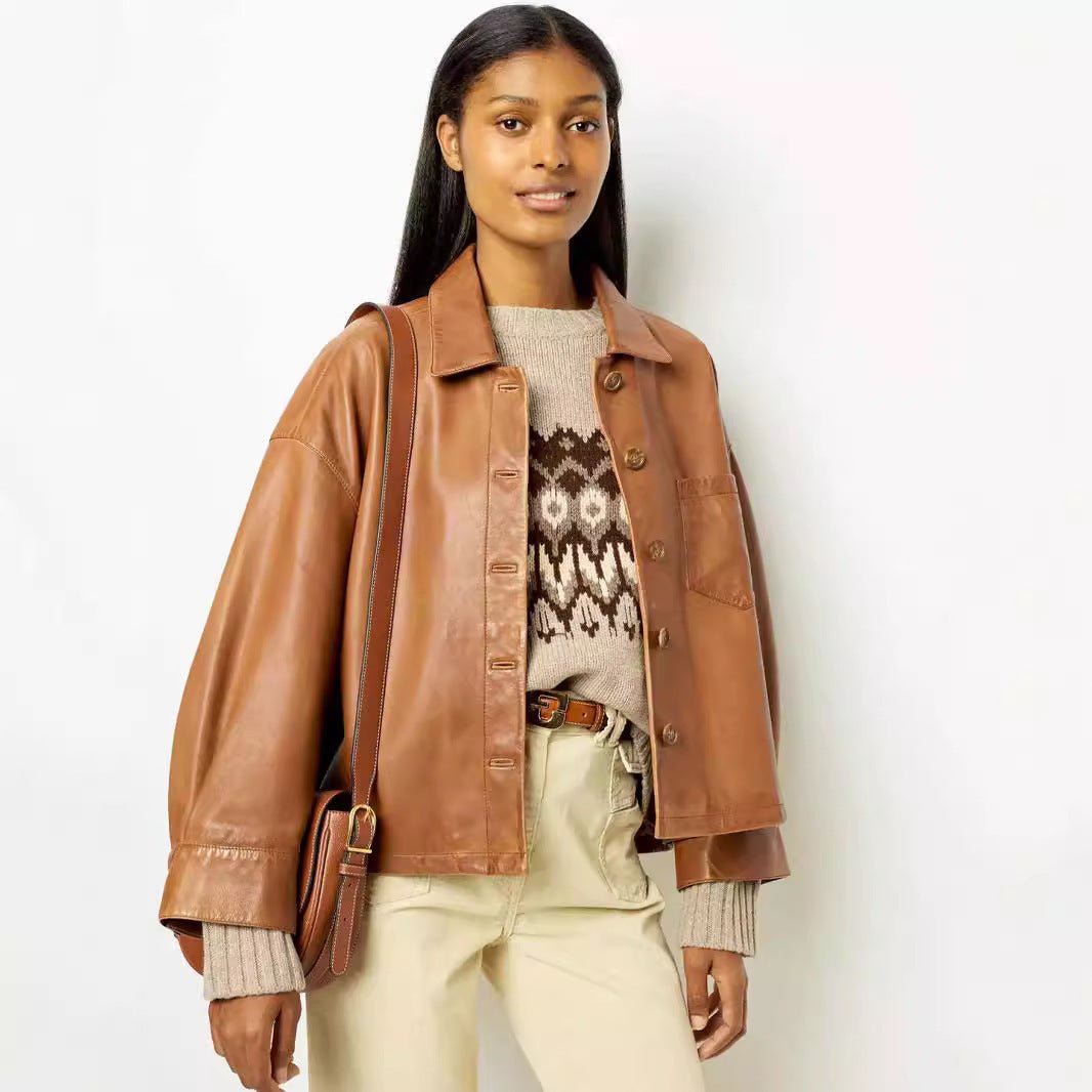 Elegant Brown profile PU Leather jacket For Women