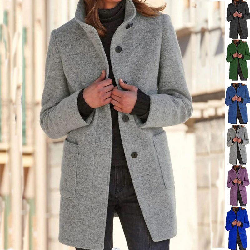 Fashion Stand Collar Woolen Coat With Pockets Fall Winter Casual Button Outwear