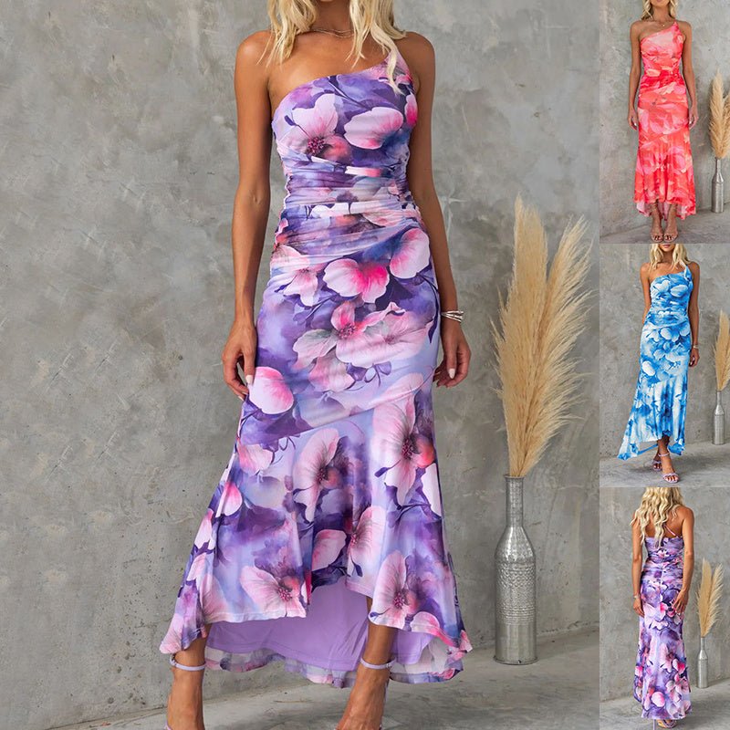 Fleur - Flowers Print One-shoulder Dress Summer