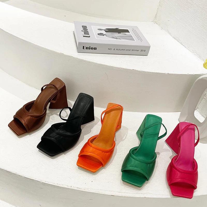 Kim - Satin Peep Toe Mule with Sculpted Block Heel - Jimi Brothers 