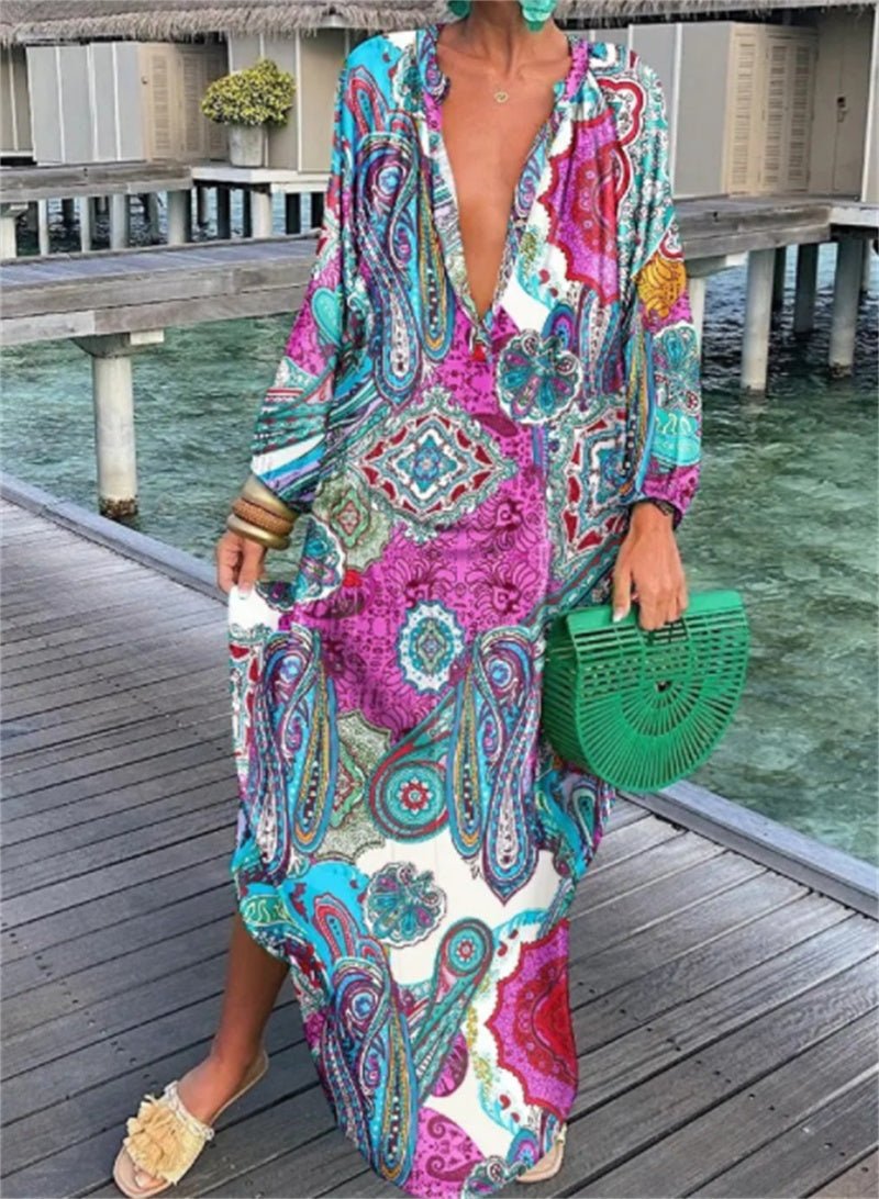 Marina - Printed Pullover Long Sleeve V-Neck Swing Loose Long Dress