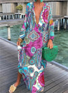 Marina - Printed Pullover Long Sleeve V-Neck Swing Loose Long Dress