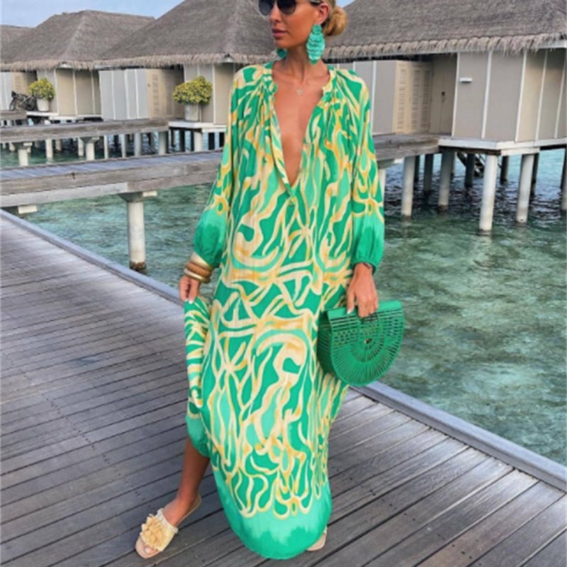 Marina - Printed Pullover Long Sleeve V-Neck Swing Loose Long Dress