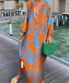 Marina - Printed Pullover Long Sleeve V-Neck Swing Loose Long Dress