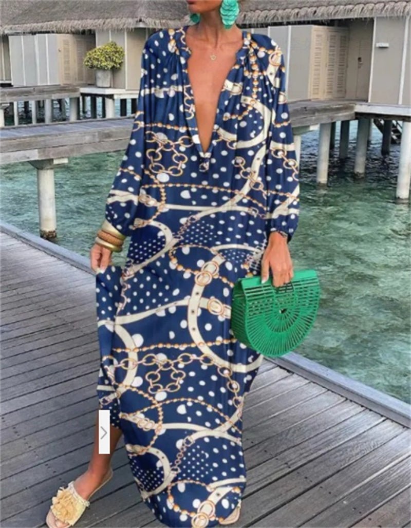 Marina - Printed Pullover Long Sleeve V-Neck Swing Loose Long Dress