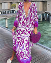 Marina - Printed Pullover Long Sleeve V-Neck Swing Loose Long Dress