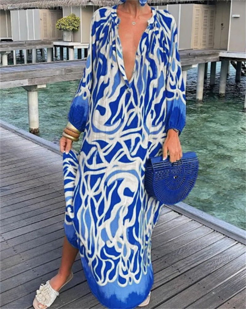 Marina - Printed Pullover Long Sleeve V-Neck Swing Loose Long Dress