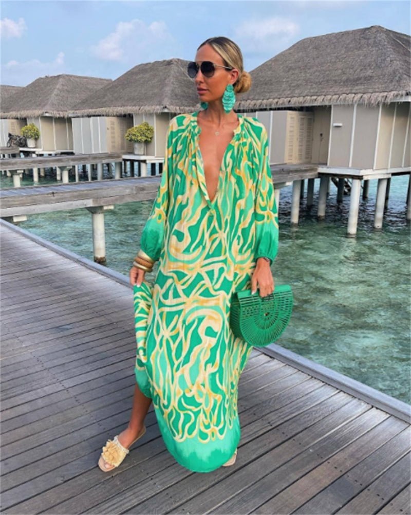 Marina - Printed Pullover Long Sleeve V-Neck Swing Loose Long Dress