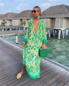Marina - Printed Pullover Long Sleeve V-Neck Swing Loose Long Dress