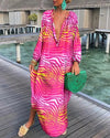 Marina - Printed Pullover Long Sleeve V-Neck Swing Loose Long Dress