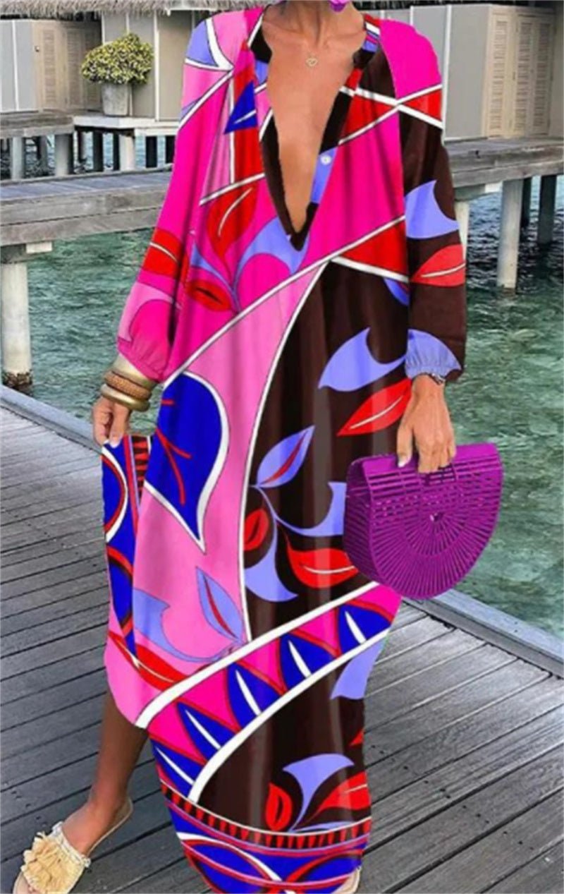 Marina - Printed Pullover Long Sleeve V-Neck Swing Loose Long Dress