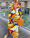 Marina - Printed Pullover Long Sleeve V-Neck Swing Loose Long Dress
