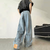 Retro Reverse Pocket Flip-down Jeans Men&#39;s Washed Wide-leg Pants