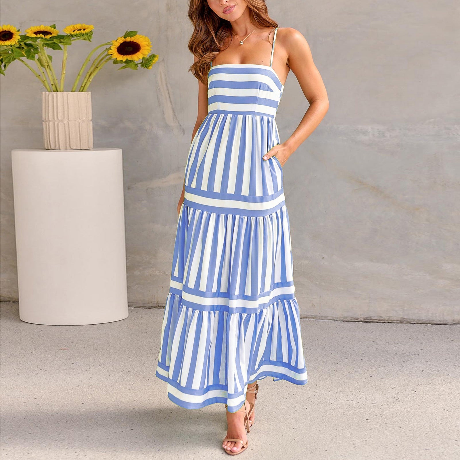 Rubby - Summer Striped Printed Suspender Long Dress With Pockets
