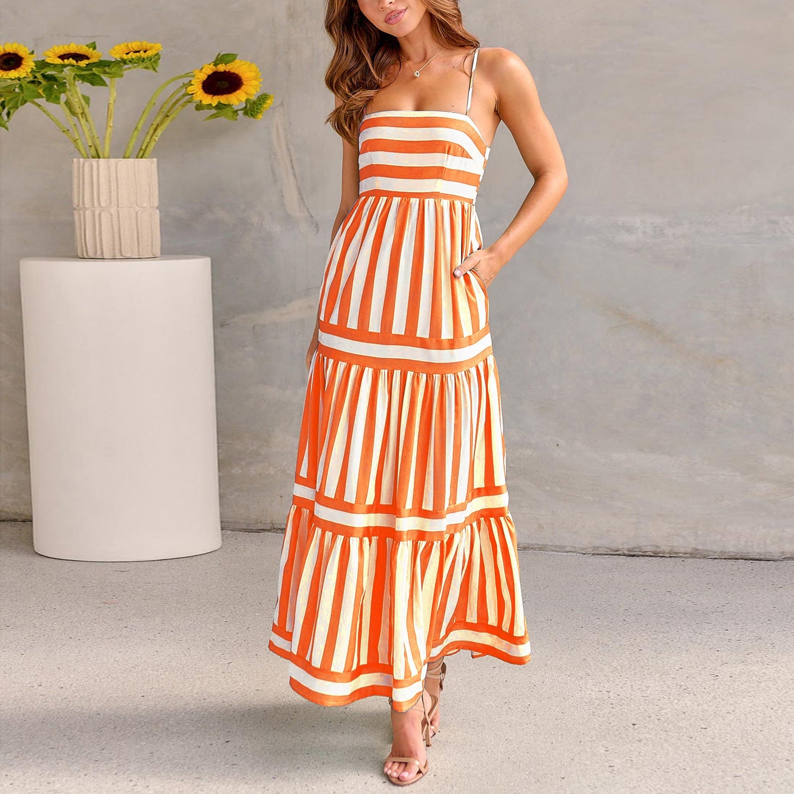 Rubby - Summer Striped Printed Suspender Long Dress With Pockets