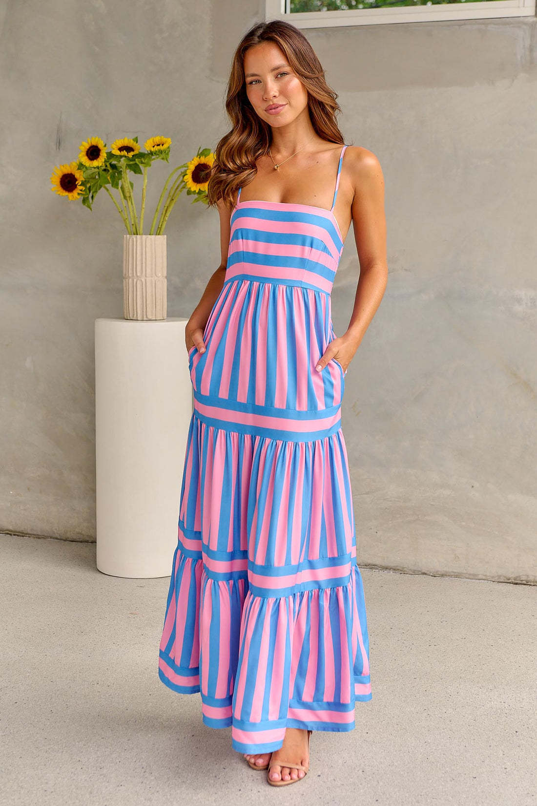 Rubby - Summer Striped Printed Suspender Long Dress With Pockets