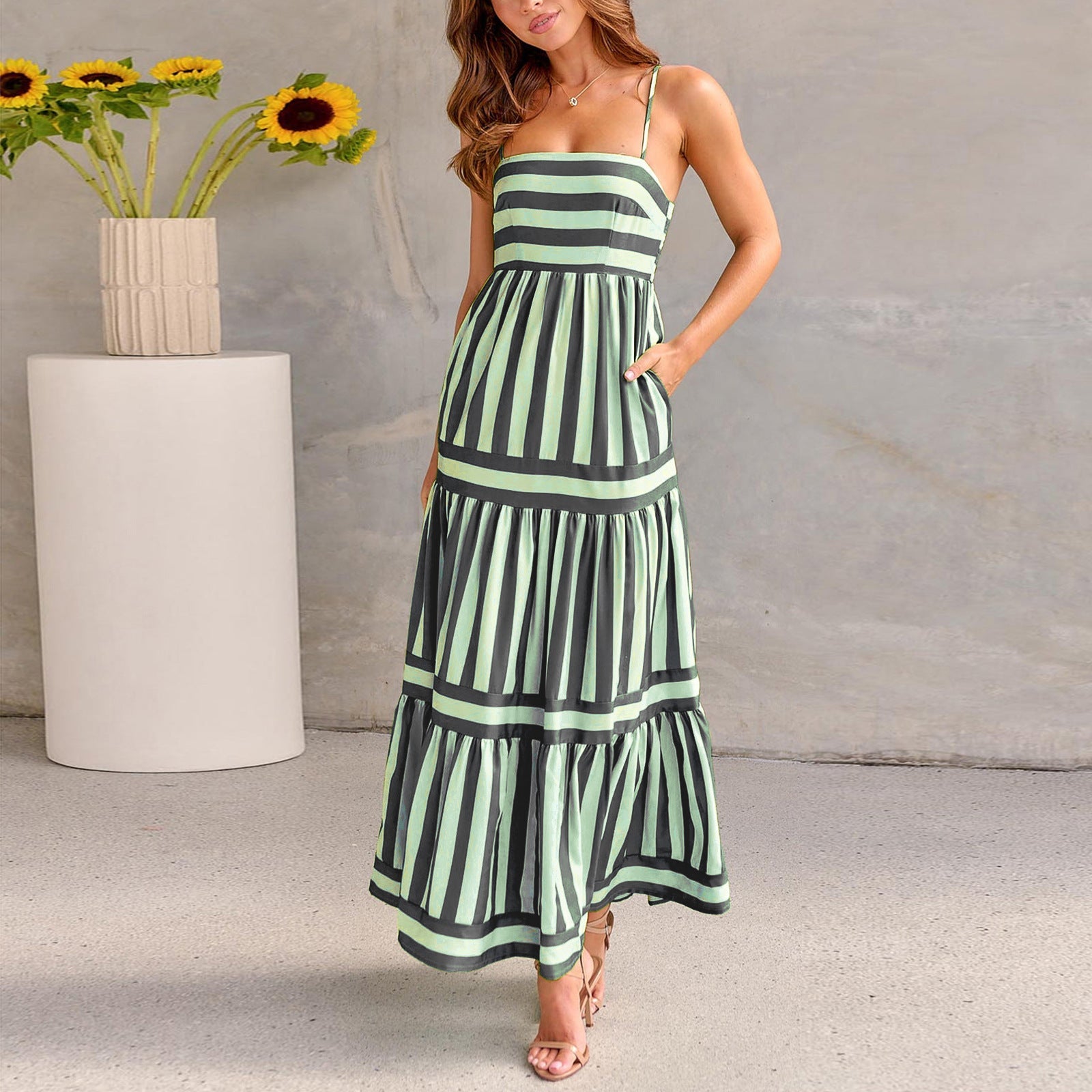 Rubby - Summer Striped Printed Suspender Long Dress With Pockets