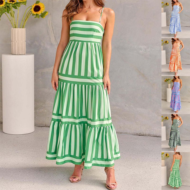 Rubby - Summer Striped Printed Suspender Long Dress With Pockets