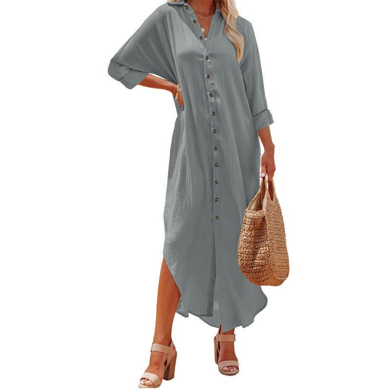 Women's Cardigan Breasted Solid Long Sleeve Dress