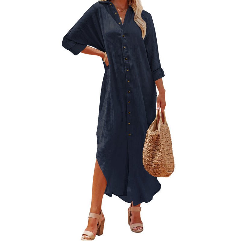 Women's Cardigan Breasted Solid Long Sleeve Dress