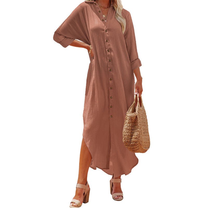 Women's Cardigan Breasted Solid Long Sleeve Dress