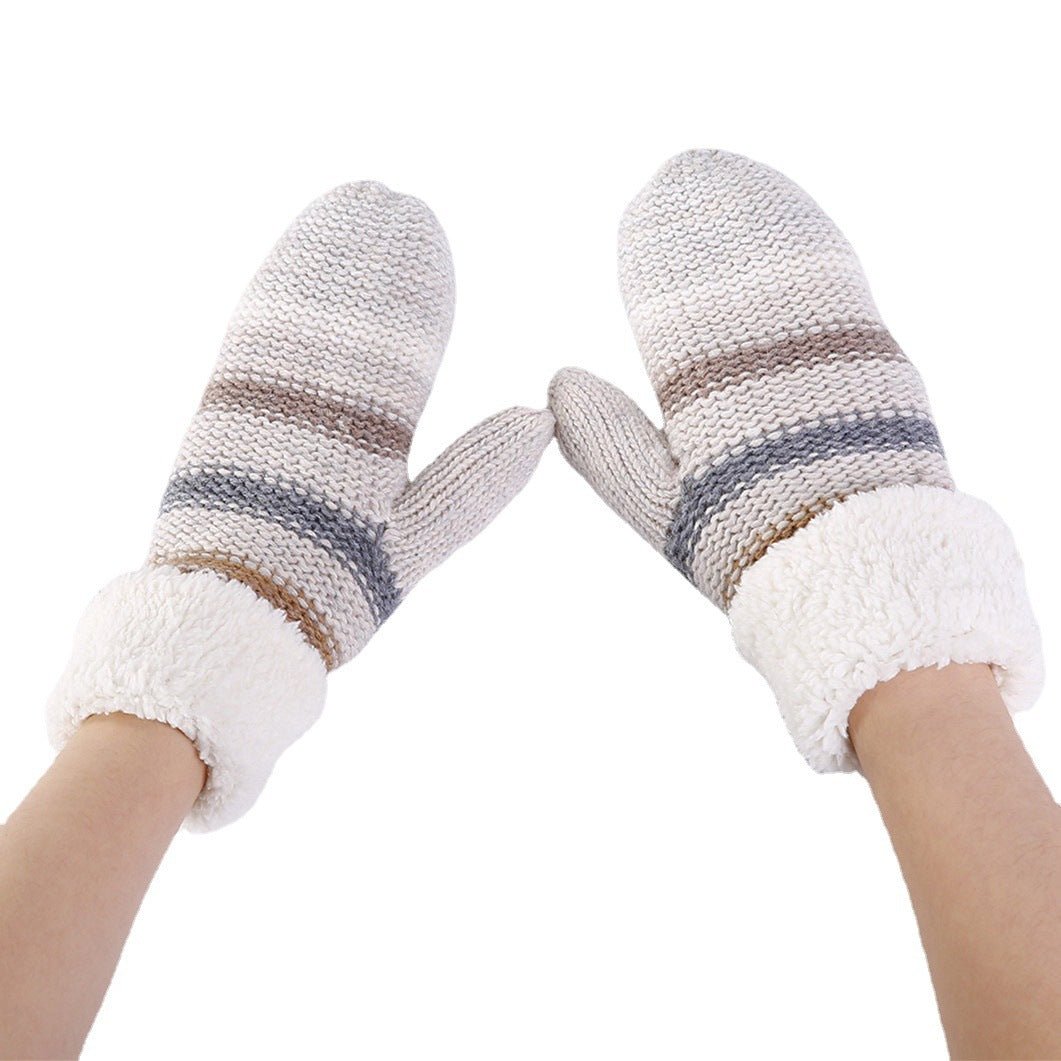 Women&#39;s Striped Mixing Colors Knitted Wool Fleece-lined Thickened Mittens Warm Ski Gloves