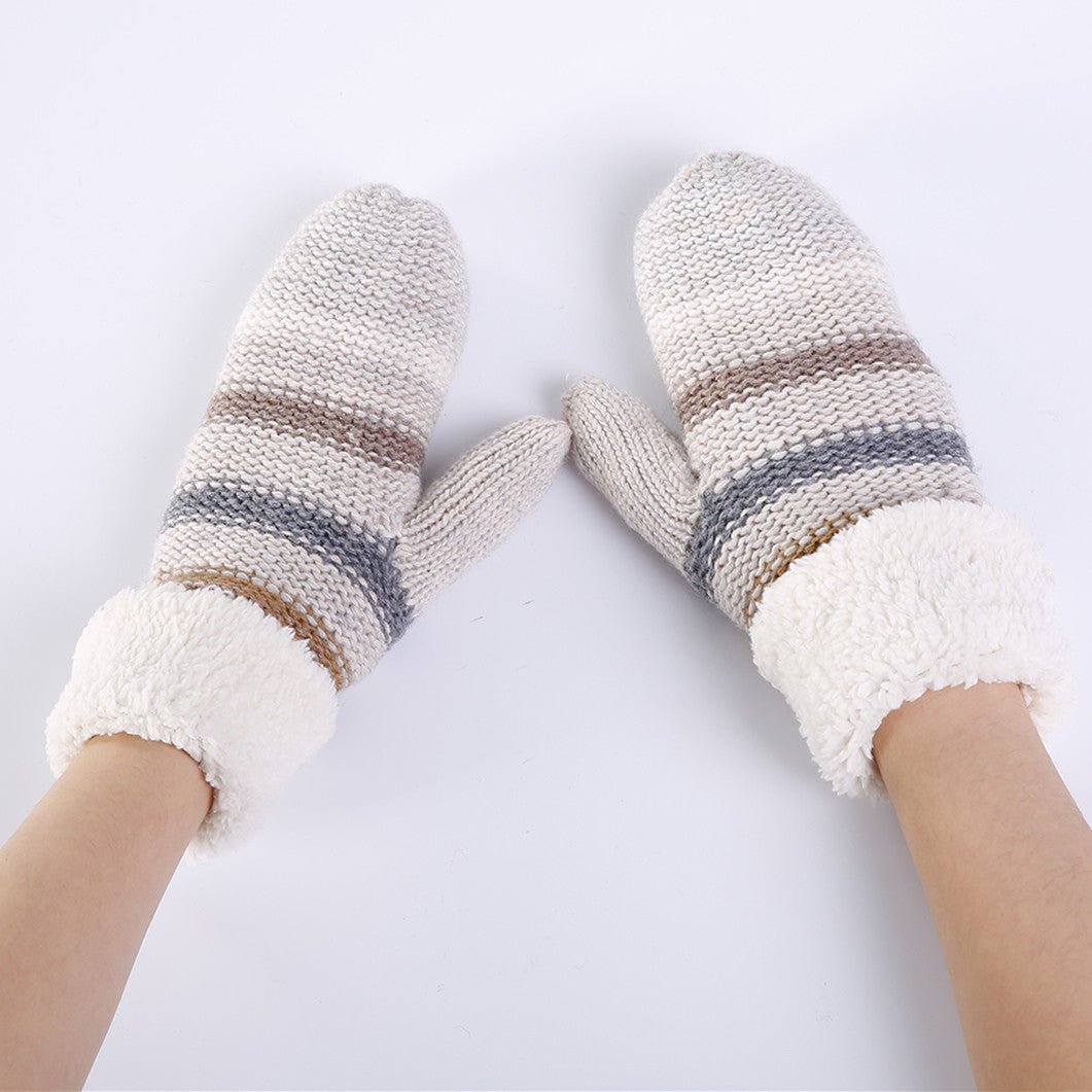Women&#39;s Striped Mixing Colors Knitted Wool Fleece-lined Thickened Mittens Warm Ski Gloves