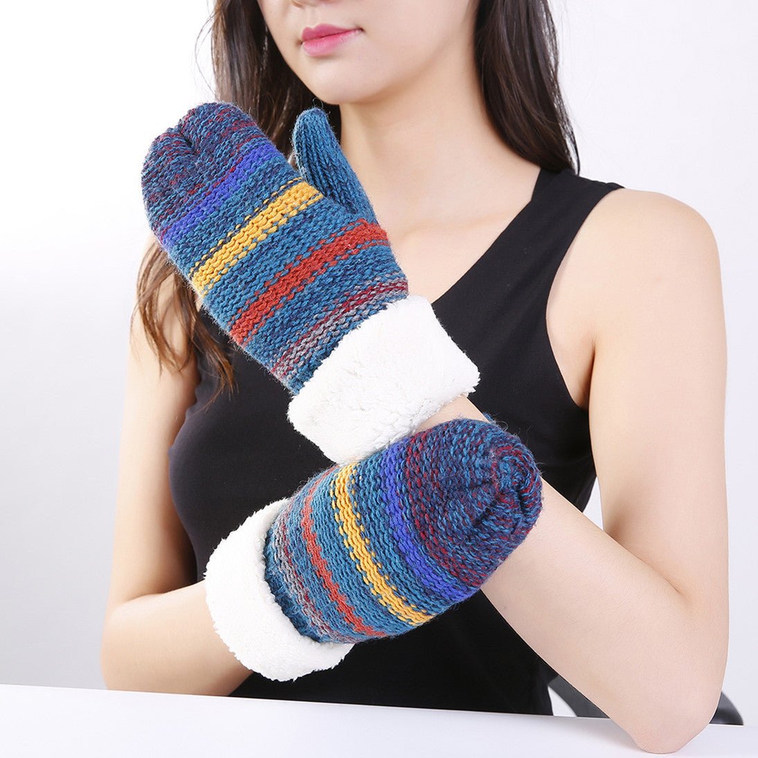 Women&#39;s Striped Mixing Colors Knitted Wool Fleece-lined Thickened Mittens Warm Ski Gloves