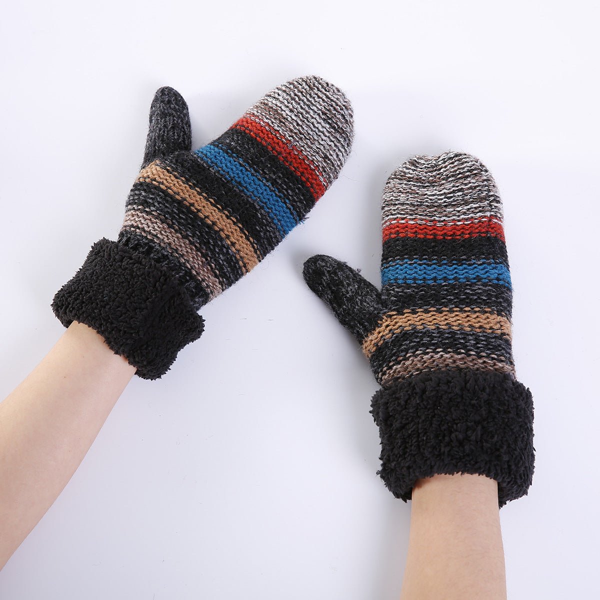 Women&#39;s Striped Mixing Colors Knitted Wool Fleece-lined Thickened Mittens Warm Ski Gloves