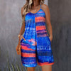 Womens Summer Casual Print Sleeveless Rompers Loose Spaghetti Strap Shorts Jumpsuit With Pockets
