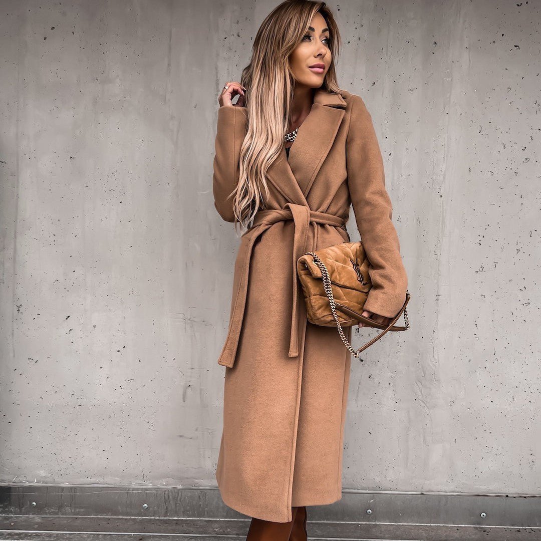 Long Woolen Coat Simple Fashion V-neck Lace Up For Women